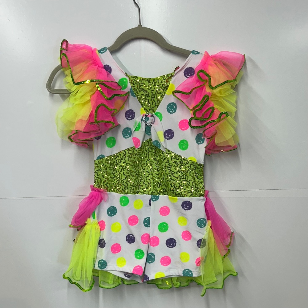 Dansco Girls Large Child Polka Dot Sequin Dance Recital Costume Neon LC USA